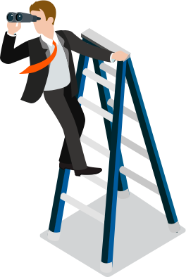 Animated image of man standing on a ladder holding binoculars.