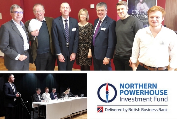 Seven people standing in a row in the top frame, bottom left frame has five people sitting along a long desk and one man standing up and the final frame shows the logo of Northern Powerhouse Investment Fund.