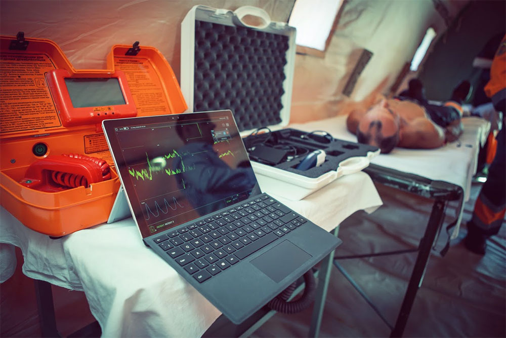 AI Medical equipment on a table with a man lying on a table in the background